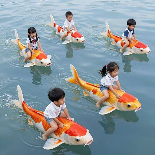 Four Asian children riding colorful koi fish in a calm, blue water pond; each child in white shirts and shorts. Photograph.