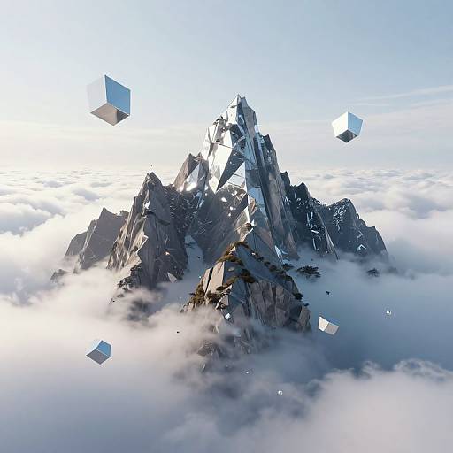 CGI image of jagged, crystalline mountain peaks emerging from a sea of clouds, with floating, transparent cubes scattered throughout.