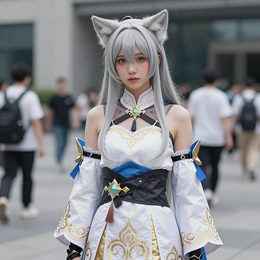 Cosplayer in Silver Hair and Cat Ears Costume