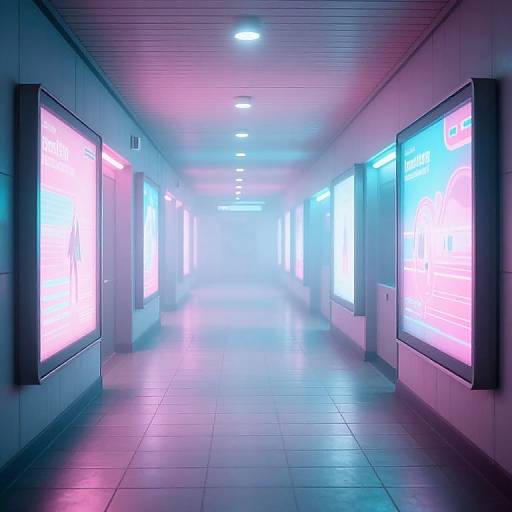 Neon-lit, futuristic hallway with glowing blue and pink LED panels on both sides, tile floor, and misty, bluish-white background.