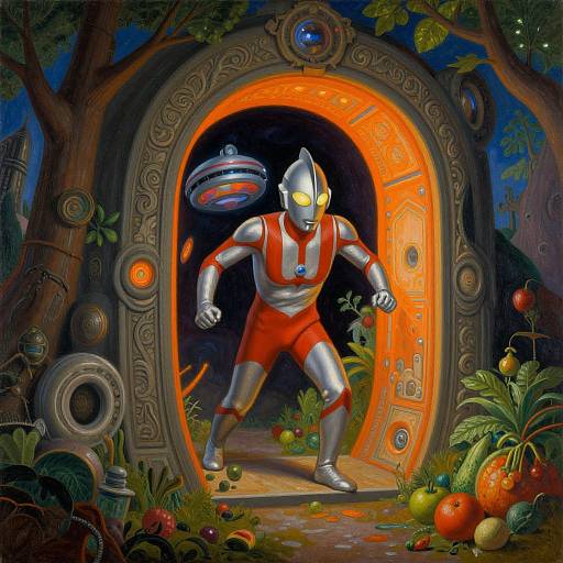 Digital art: Metallic robot with glowing yellow eyes and red shorts emerges through glowing, ornate, forest-themed portal, surrounded by colorful fruits and gadgets.