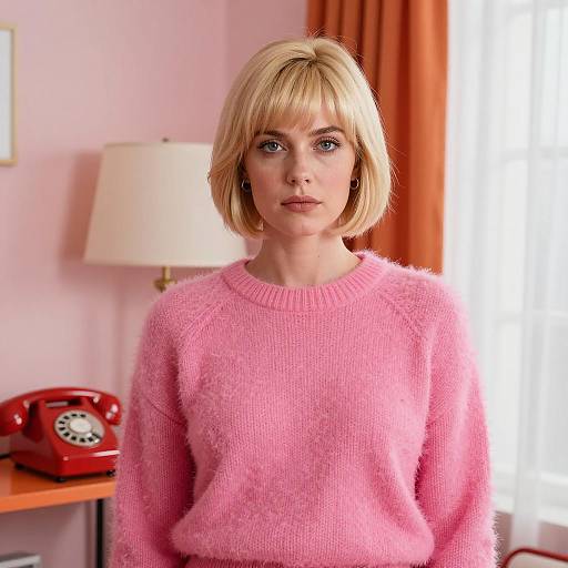 Retro Blonde Woman in Pink Sweater