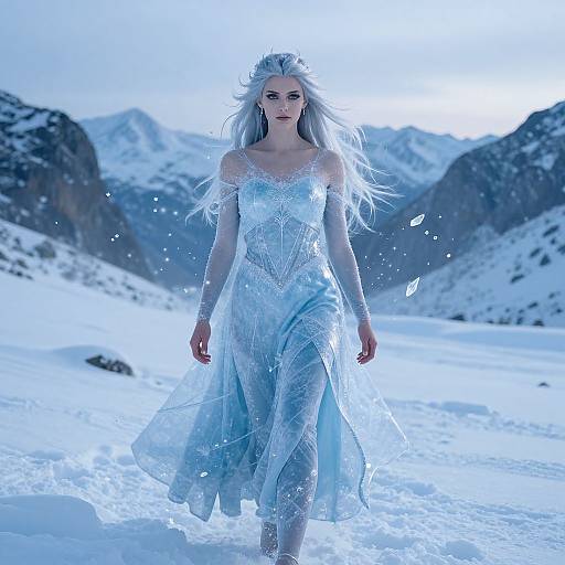 Photograph of a pale-skinned, ethereal woman with long white hair in a flowing, ice-blue gown, walking through a snowy mountain landscape,