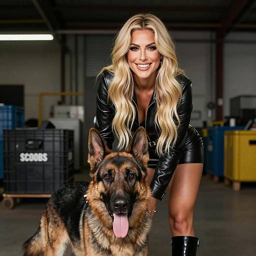 Blonde Woman with German Shepherd in Warehouse