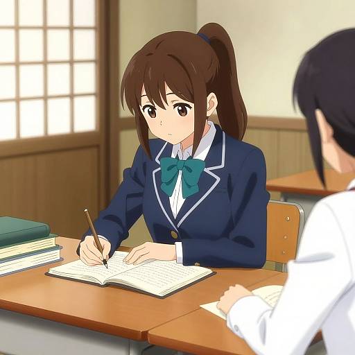 Anime-style digital drawing of a brown-haired girl in a blue school uniform writing in an open notebook at a desk in a bright classroom. Blurred figure
