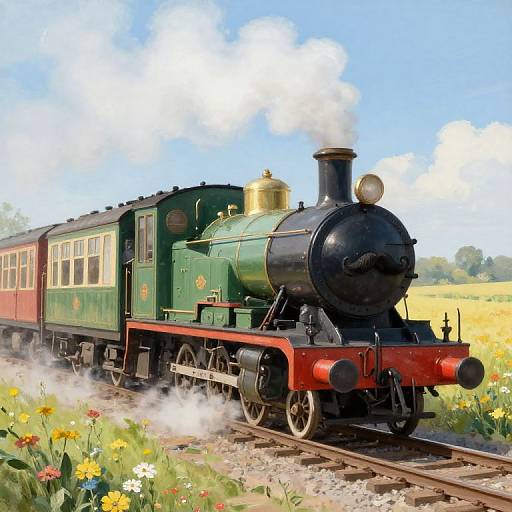 Vintage green steam locomotive with red accents pulls a red and cream passenger car through a vibrant field of flowers under a bright blue sky.