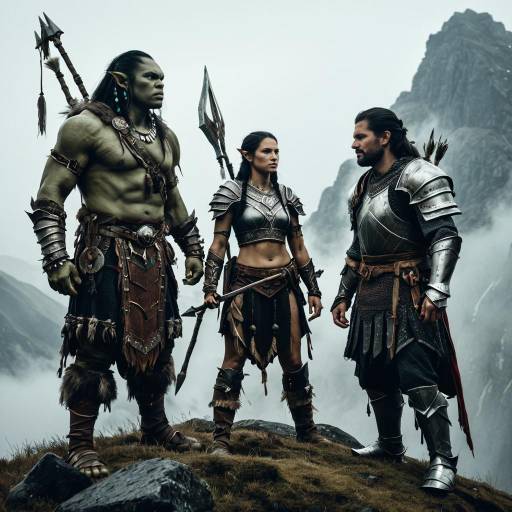 Orc Shaman, Elf Archer, and Knight on Misty Mountainside