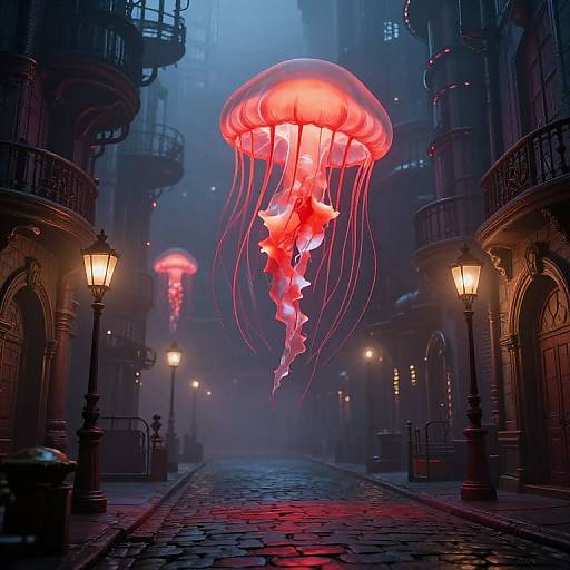Photograph-like digital art of a neon pink jellyfish hovering over a foggy, cobblestone street lined with vintage street lamps and ornate buildings