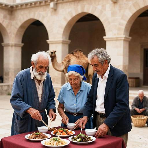 Elderly Trio in Ancient Courtyard Meal Prep