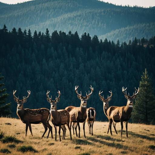 Herd of Wild Deer on Hill with Pine Forest Background Herd of Wild Deer on Hill with Pine Forest Background
