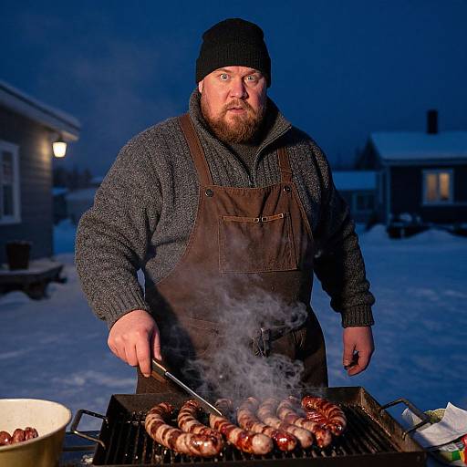 Photograph of a bearded man in a black beanie and gray sweater, grilling sausages and onions over an outdoor grill at night,