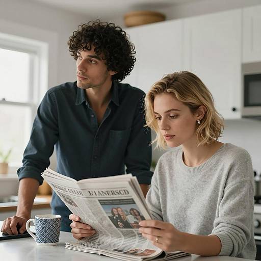 Couple Reading Newspaper in Modern Kitchen