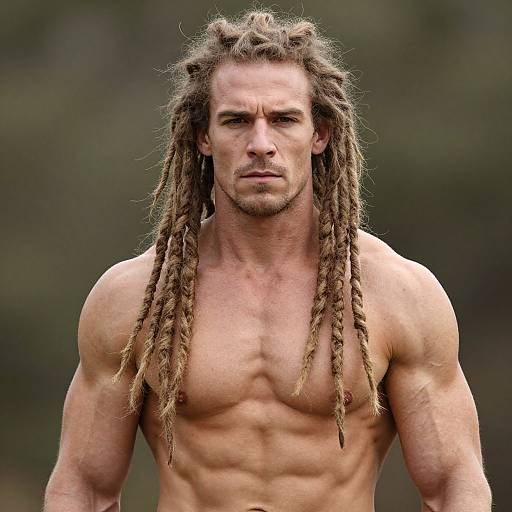 Photograph of a muscular, shirtless white man with long, brown dreadlocks, serious expression, outdoors with blurred green background.