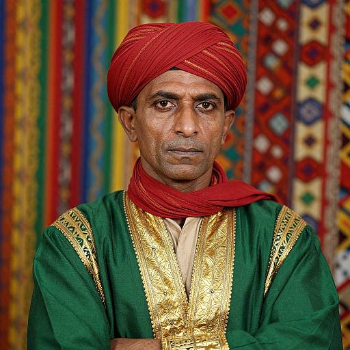 Photograph of a middle-aged Indian man with dark skin, wearing a red turban, green and gold embroidered shirt, and red scarf, standing against