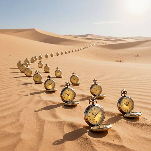 Photograph of vintage pocket watches, open and closed, lined up in a desert with sand dunes under a bright, clear sky.