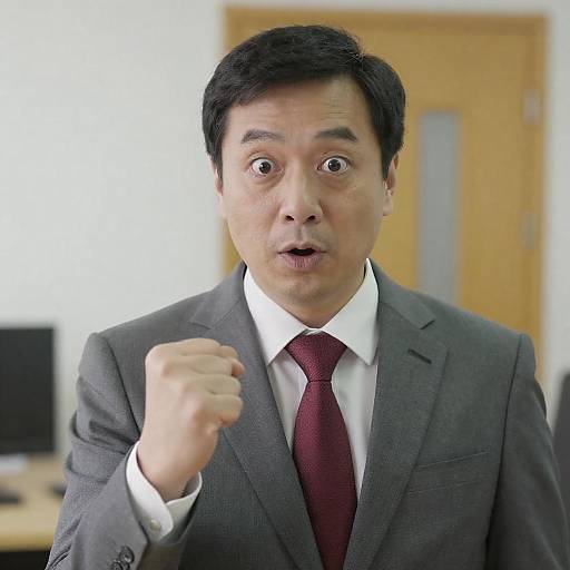 Surprised Man in Suit Making Fist