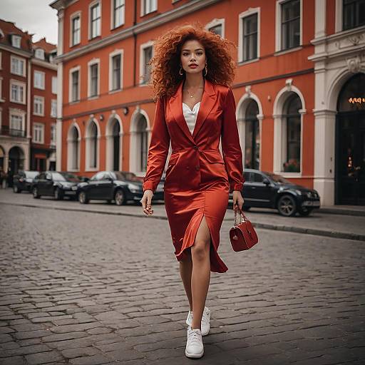 Fashionable woman walking in old town square