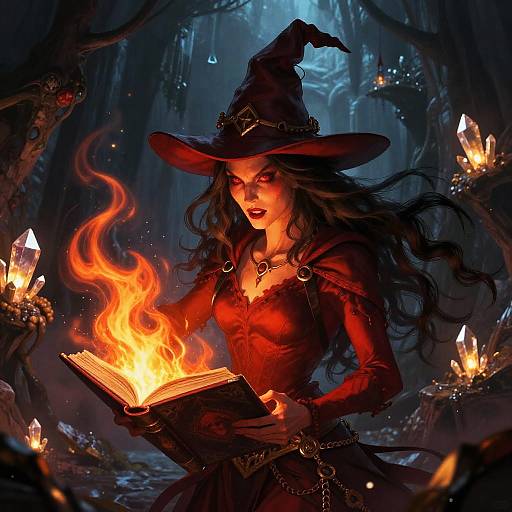 Red Witch in Crystal-Lit Dungeon
