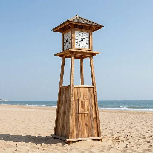 Photograph of a wooden beach clock tower with white clock faces, standing on sandy beach with clear blue sky and ocean in background.