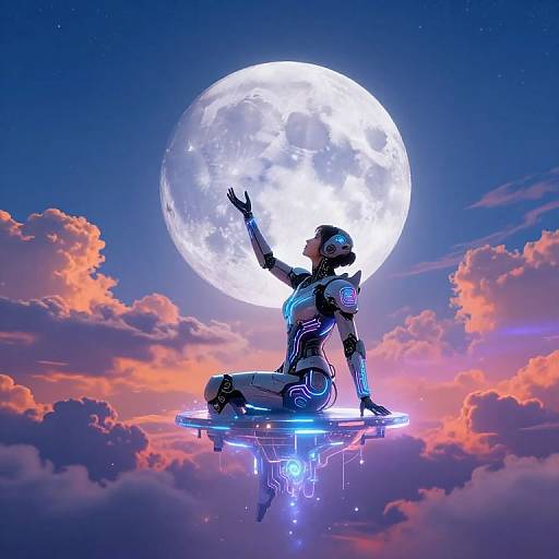 Digital artwork of a futuristic, neon-lit humanoid figure with glowing circuitry, sitting on a floating platform, reaching to a bright full moon against a