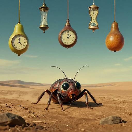 Photograph of a surreal desert scene with a giant, detailed, black-and-red beetle in the foreground, and five hanging, vintage-style clocks above,