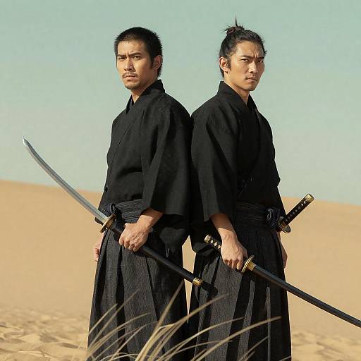 Intense Samurai Duo in Desert Landscape