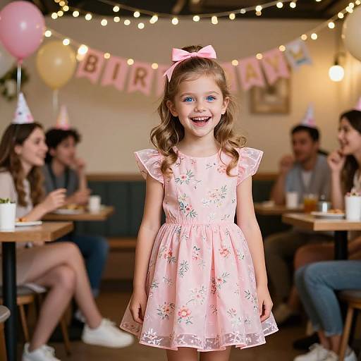 Photograph of a smiling young girl with blue eyes, wearing a pink floral dress and bow, standing in a warmly lit, festive café with string lights