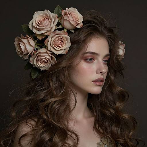 Photograph of a fair-skinned woman with long, wavy brown hair, wearing a crown of pale pink roses, against a dark background.