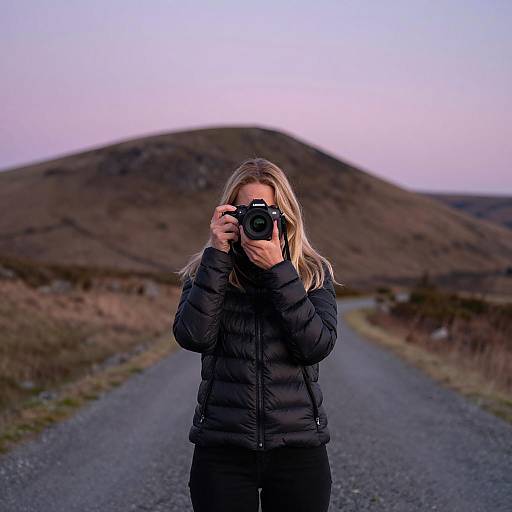 Blonde Woman Photographing on Rural Road
