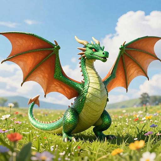Majestic Green Dragon in Sunlit Meadow