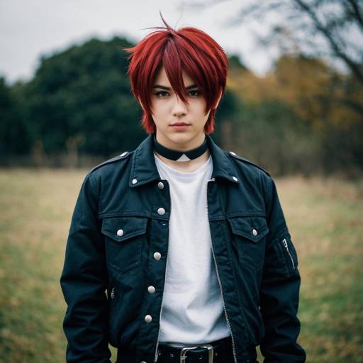 Young man in red hair cosplay outdoors