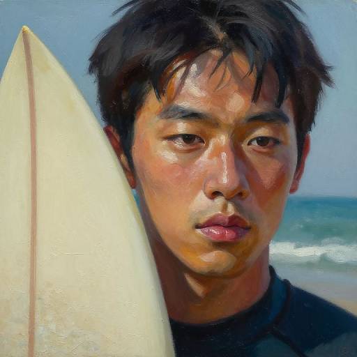 Digital painting of an Asian man with short black hair, holding a white surfboard, standing on a sunny beach with blue ocean waves in the background.
