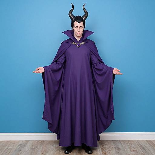 Photograph of a person in a dark purple devil costume with black horns, blue background, and wooden floor, standing with arms outstretched.