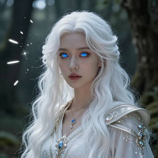 Digital art of a pale-skinned, blue-eyed, white-haired elf woman with flowing hair, wearing silver, ornate armor, set in a dark