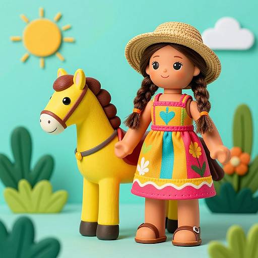 Photograph of a colorful, cartoon-style doll with braided hair, straw hat, and vibrant dress, standing beside a yellow toy horse, in a