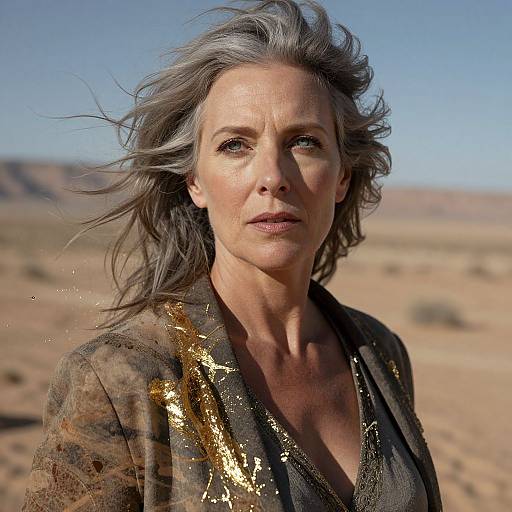 Photograph of a middle-aged woman with gray hair, wearing a gold-sequined, earth-toned top, in a desert landscape under a clear