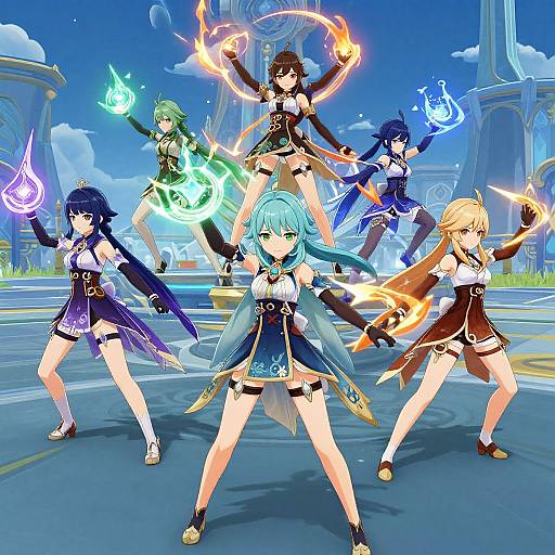 Digital anime-style artwork of five female warriors with magical powers, standing in a dynamic pose on a futuristic cityscape. Each wields glowing, colored energy