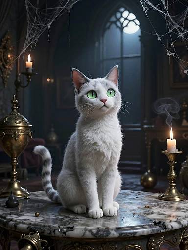 CGI image of a white cat with bright green eyes sitting on a marble table in a dimly lit, Gothic-style room with candles, spider webs