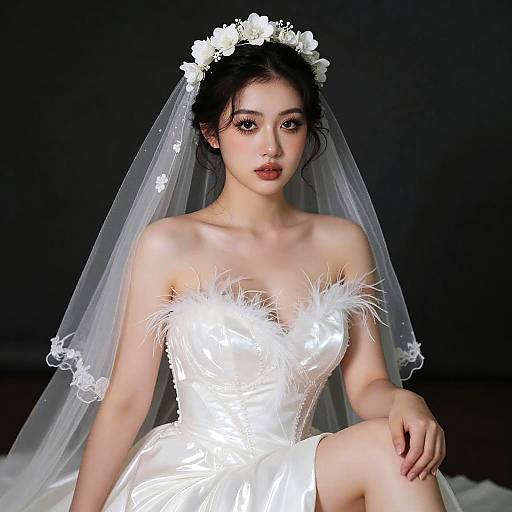 Elegant Bride in White Feathered Dress