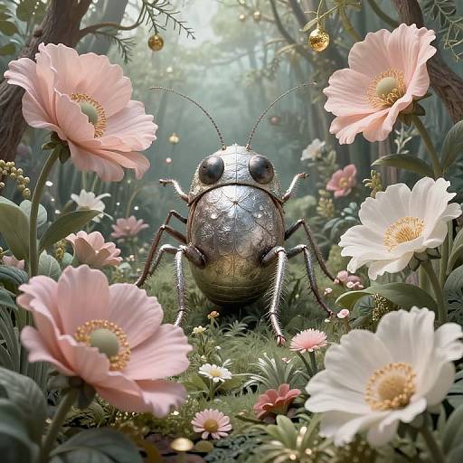 Digital artwork of a glossy beetle with intricate details, centered among pink and white flowers in a sunlit, enchanted forest.