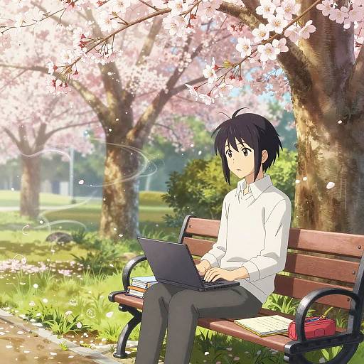 Anime-style drawing of a black-haired boy in a white shirt, sitting on a park bench, using a laptop under cherry blossom trees.