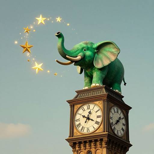 Photograph of a green, whimsical elephant clock tower making glowing stars with its trunk against a clear blue sky.