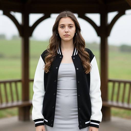 Photograph of a young woman with long brown hair, wearing a black and white varsity jacket over a white dress, standing in front of a wooden