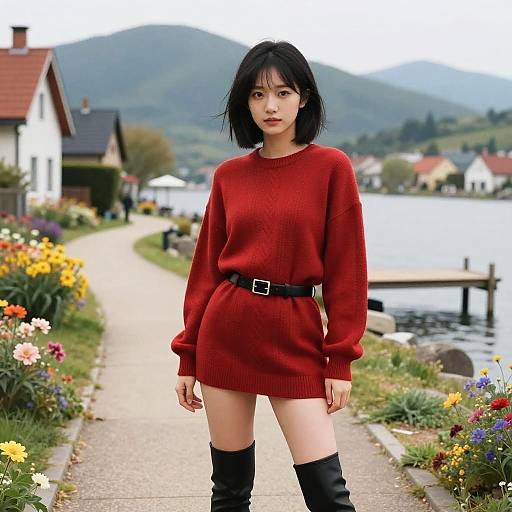 Young Woman in Red Sweater by Lakeside Path