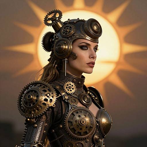Digital artwork of a steampunk woman with intricate metallic gears and cogs on her headgear and armor, glowing sunburst background.