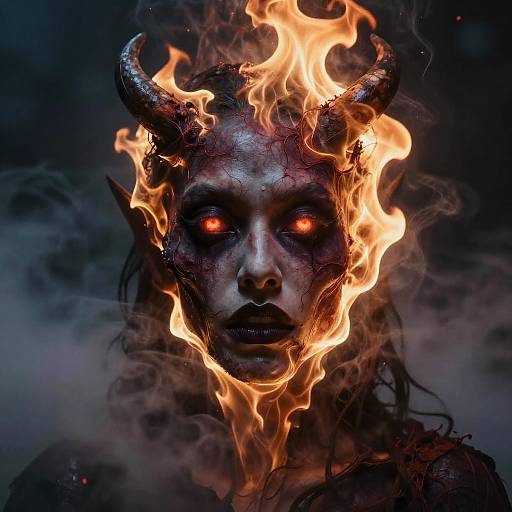 Photorealistic digital artwork of a demonic figure with fiery horns, glowing red eyes, and charred, smoky face, surrounded by intense flames against