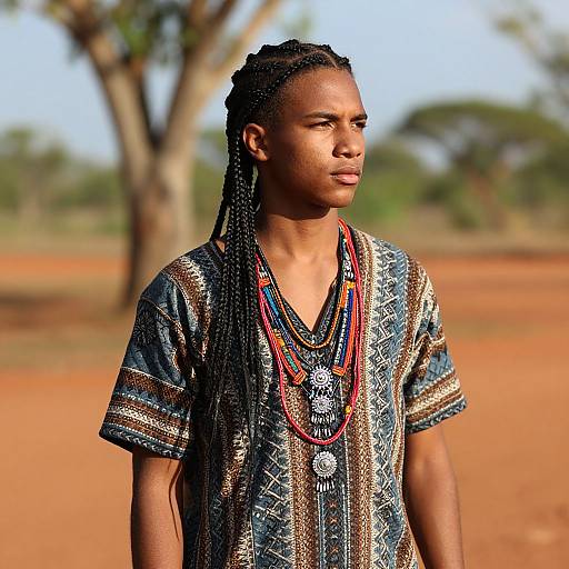 Photograph of an African man with dark skin, long braided hair, wearing a patterned shirt and multiple beaded necklaces, standing in a