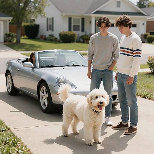 Suburban Family Moment with Fluffy Dog