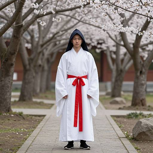 Photograph of an Asian man in a white kimono with a red belt, black shoes, and dark hood, standing under cherry blossoms on a