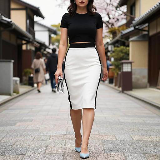 Photograph of a woman in a black crop top and white pencil skirt with black trim, walking down a traditional Japanese street, holding black clutch, wearing